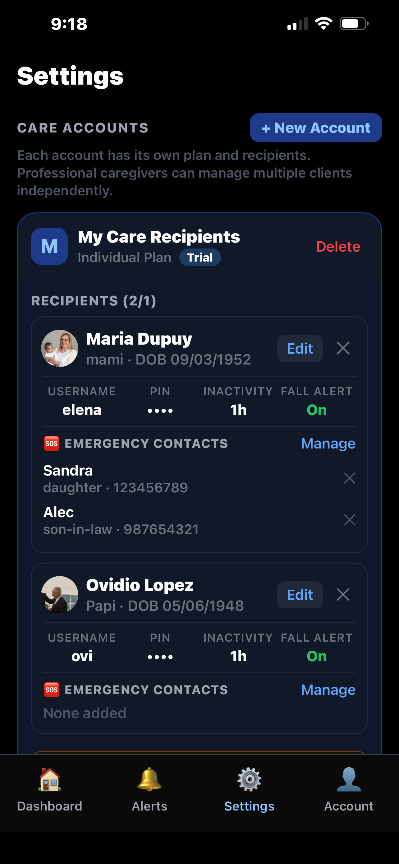 Settings screen